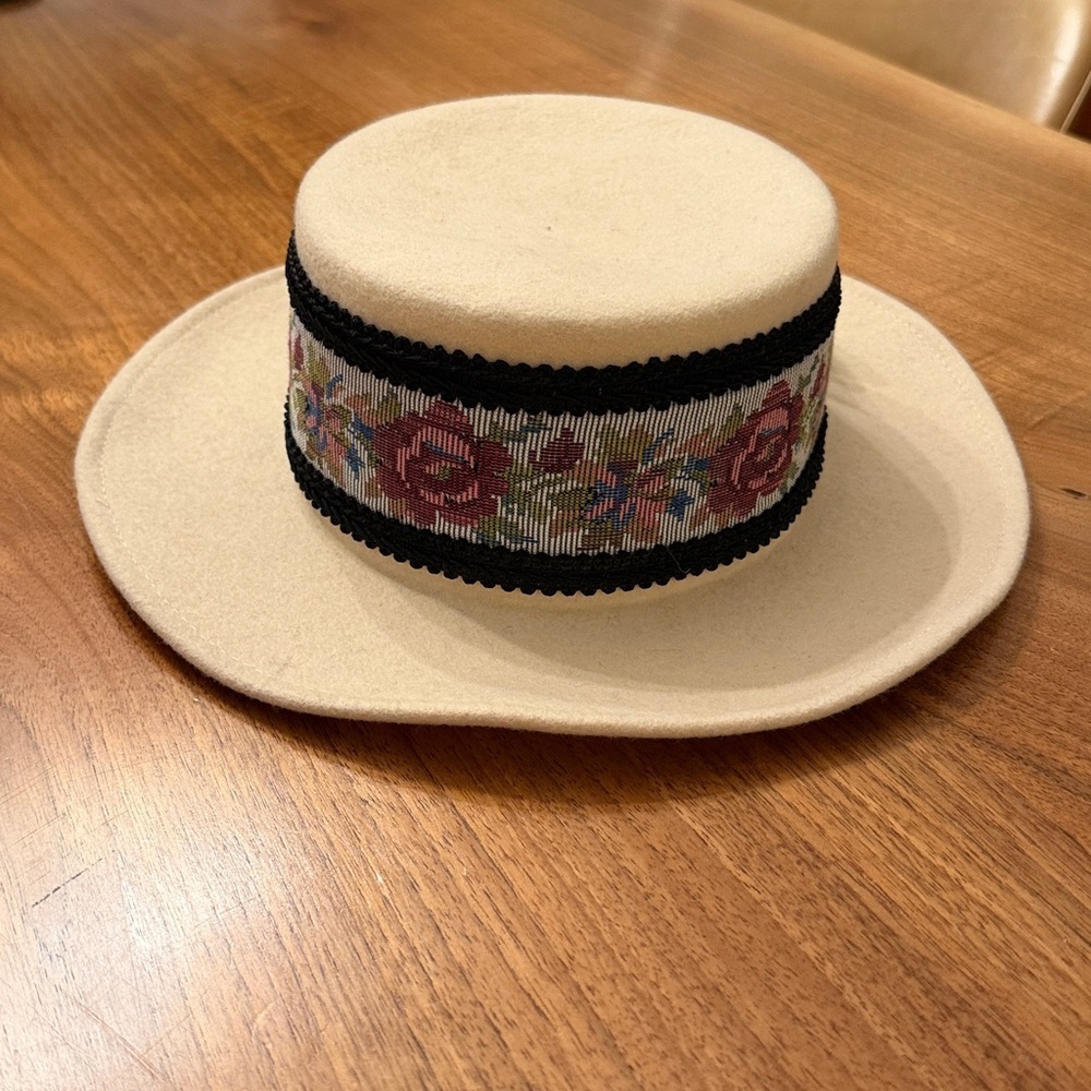 Wool Felt Boater Hat Made in USA Cream Wide Brim Floral Band Boho Rancher - Picture 3 of 5